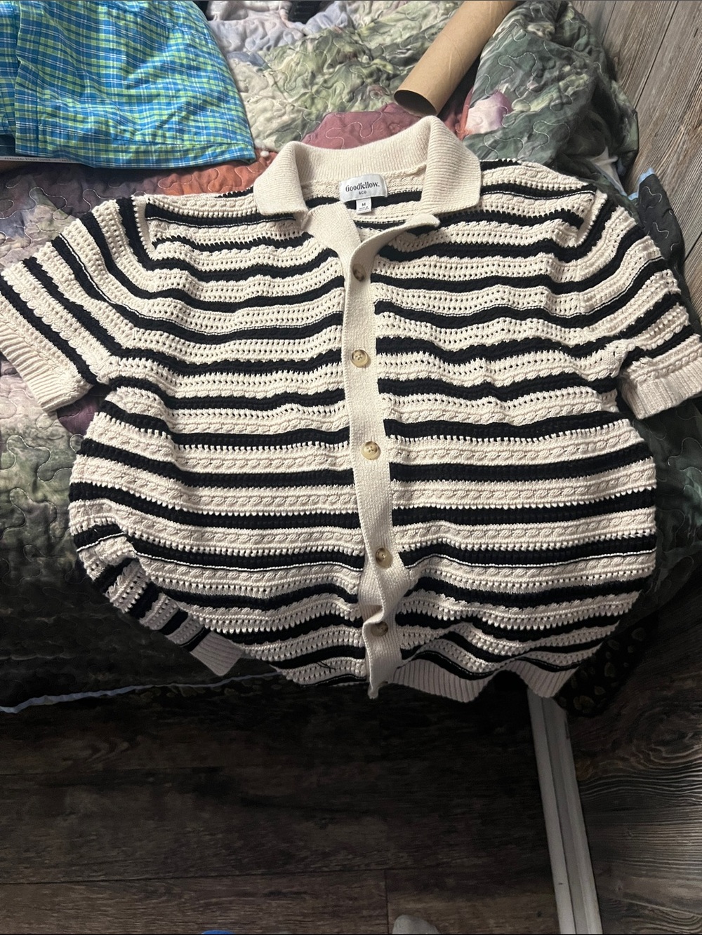 Goodfellow & Co Black and Cream Striped Button-Front Knit Shirt